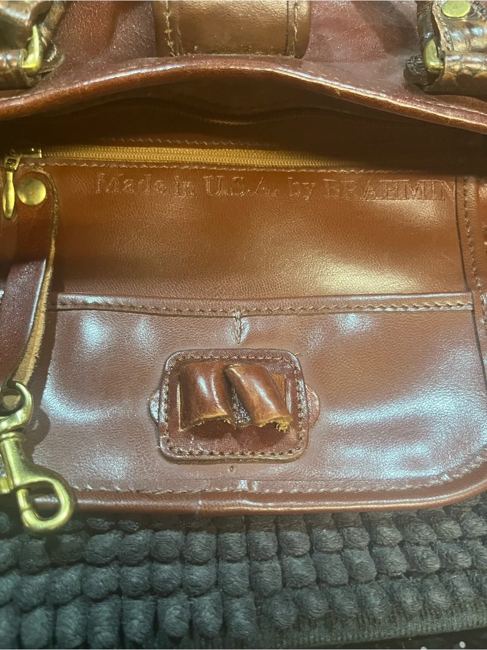 Brahmin Vintage Chestnut Brown Leather Crossbody with Croc-Trim & Gold Hardware